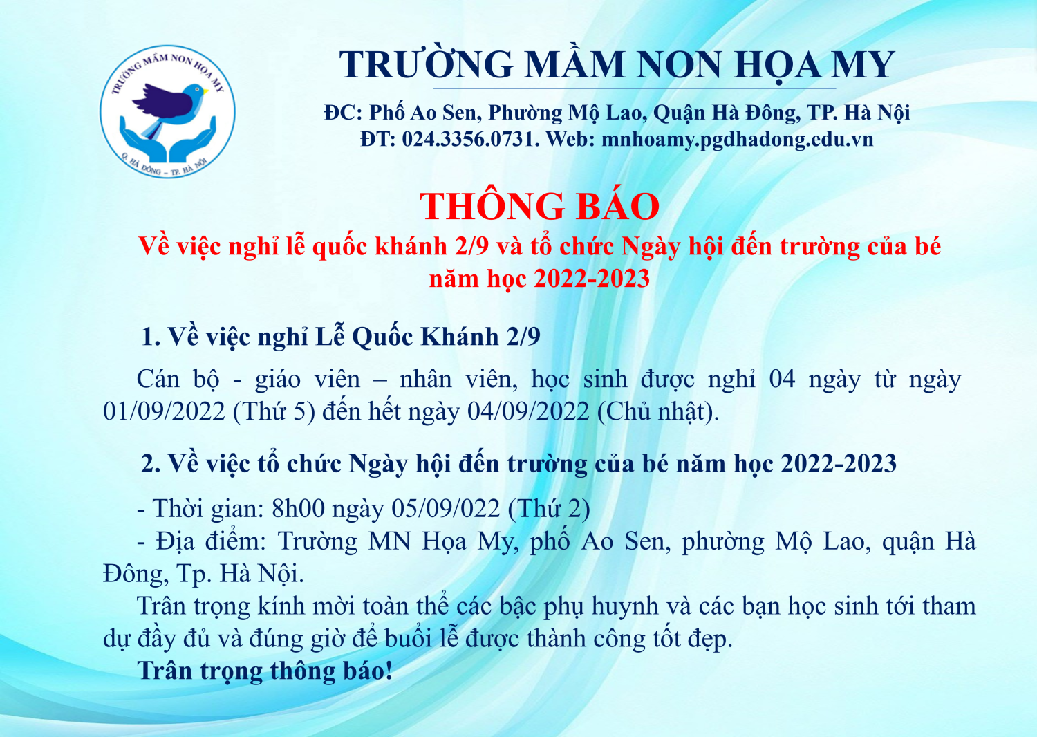 thông báo nghỉ lễ
