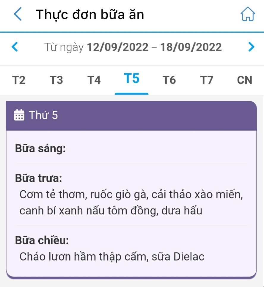 thực đơn thứ 5 ngày 15/9/2022 được đăng tải trên app Enetviet